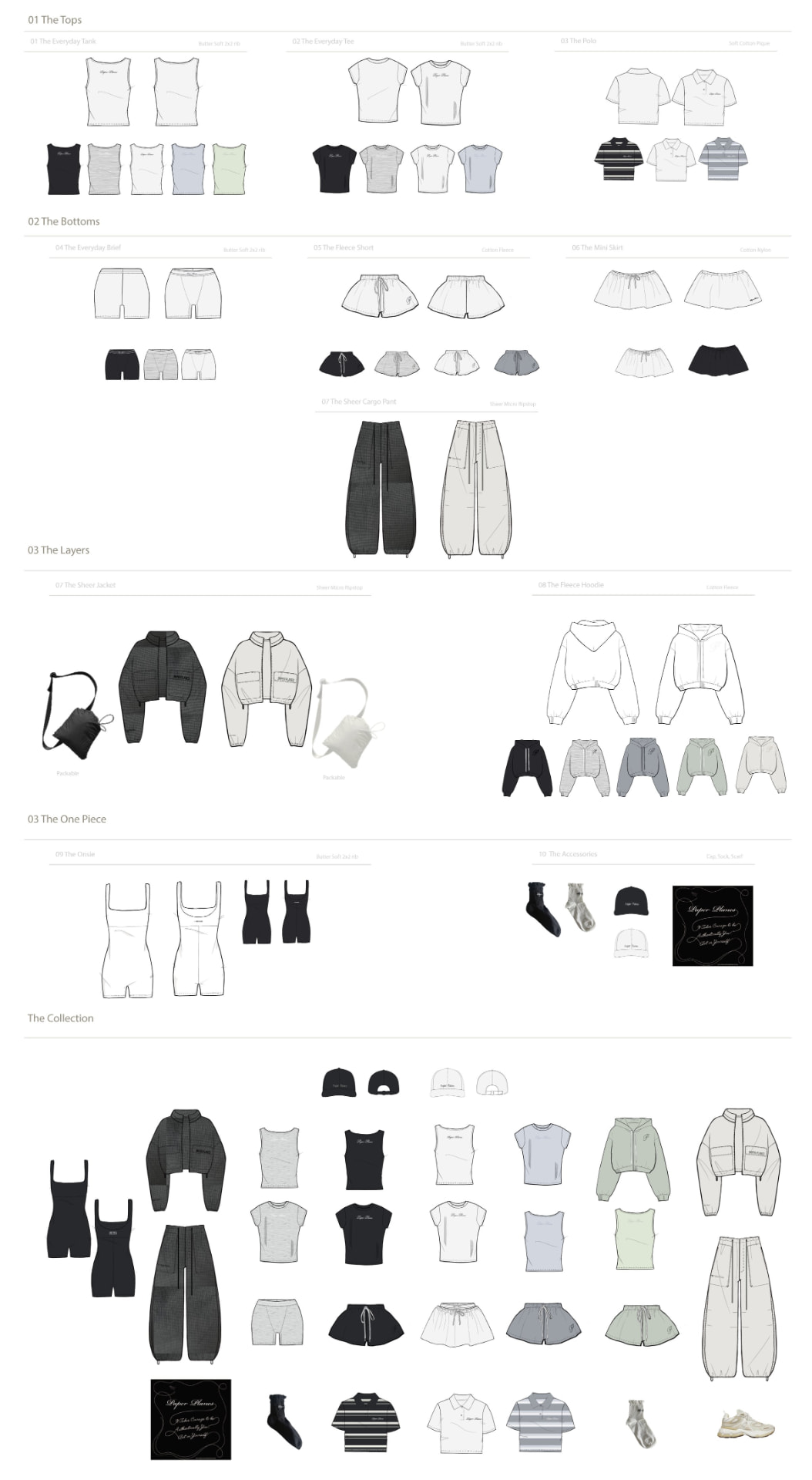 Paper Planes women's capsule collection line sheet — tops, bottoms, layers, one piece and accessories